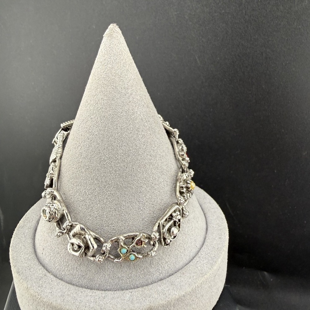 Vintage Goldette Bracelet Silver Tone Mixed Accents Floral Bee 7in